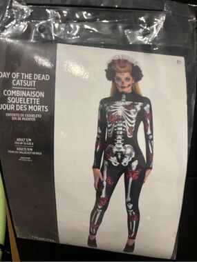 Party City Women's Day of the Dead Skeleton Jumpsuit - Black with White & Red